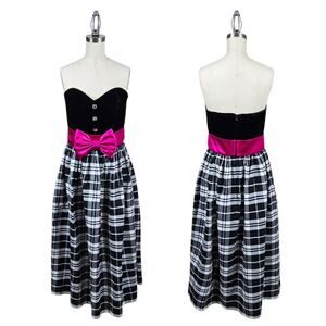 Vintage Positively Ellyn Party Dress sz 8* Black Pink Plaid Strapless Romantic